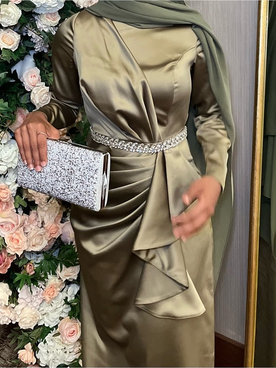 Other Dresses & Skirts - Olive Green Satin Draped Evening Dress with Embellished Waist